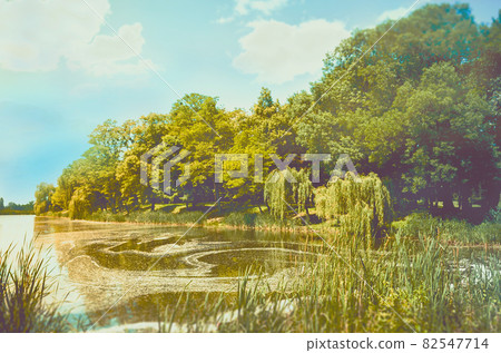 Autumn sunset picturesque landscape with colorful river. Autumn colored forest 82547714