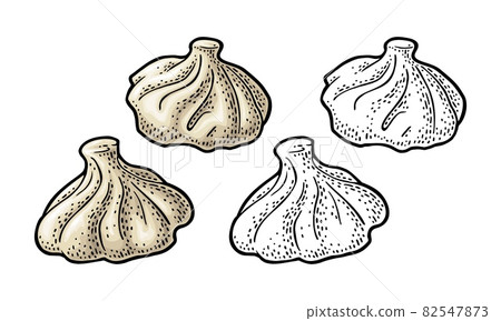Traditional georgian food khinkali. Vintage color vector engraving Traditional georgian food khinkali. Vintage color vector engraving 82547873