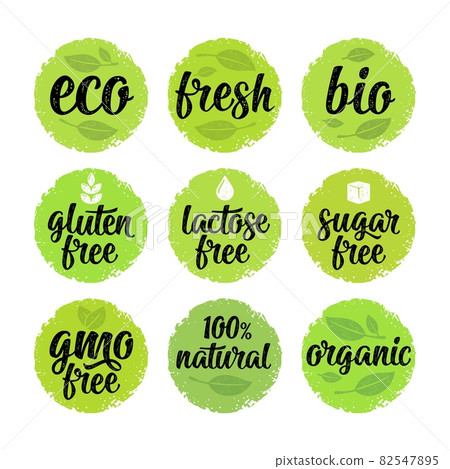 Gluten, lactose, sugar, gmo free lettering. Sign 100 organic food 82547895