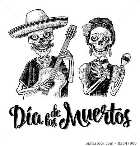 Skeletons with maracas and guitar dressed in Mexican national costumes. Vector engraving 82547906