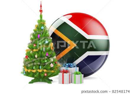 Christmas and New Year in South Africa, concept. Christmas tree and gift boxes with South African flag, 3D rendering Christmas and New Year in South Africa, concept. Christmas tree and gift boxes with South African flag, 3D rendering 82548174