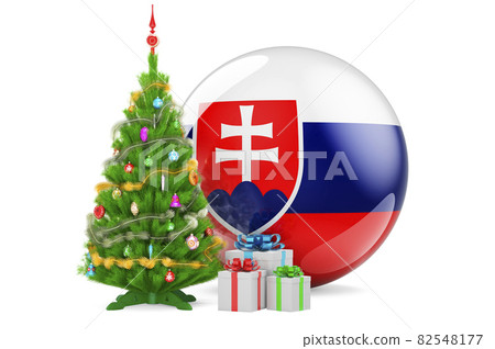 Christmas and New Year in Slovakia, concept. Christmas tree and gift boxes with Slovak flag, 3D rendering 82548177