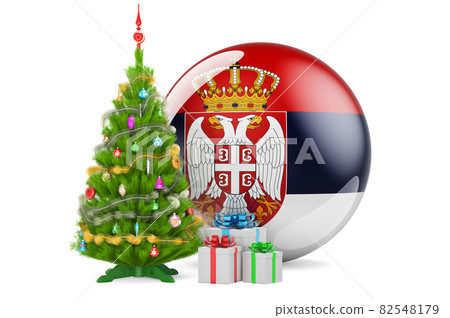 Christmas and New Year in Serbia, concept. Christmas tree and gift boxes with Serbian flag, 3D rendering 82548179