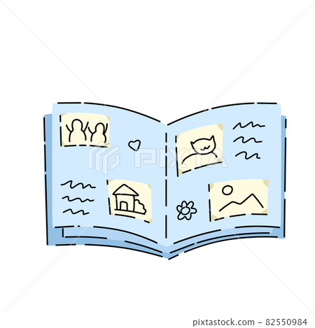 Photo album. Images pasted in book with photos and memories. Cartoon illustration isolated on white background 82550984