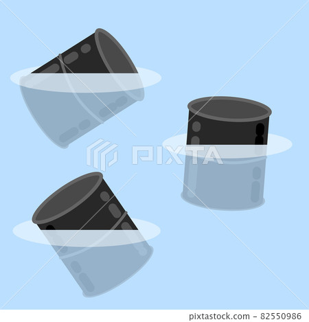 Barrel in water. Spilled fuel and gasoline. Ocean pollution. 82550986