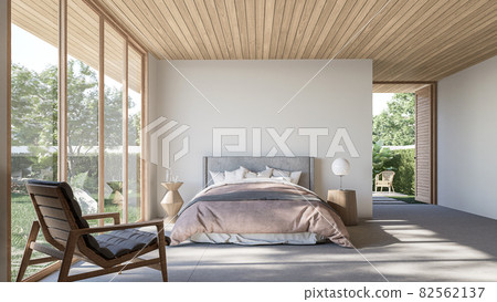 Modern contemporary loft bedroom with open door to garden 3d render 82562137