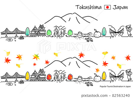 Cityscape simple line drawing set of sightseeing spots in Tokushima prefecture in autumn 82563240