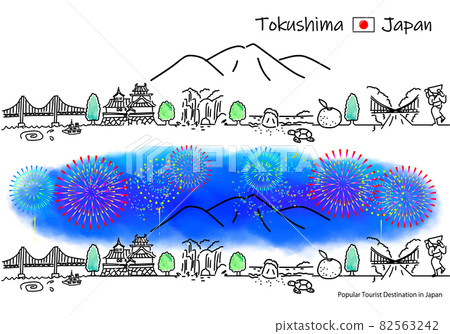 Tokushima Prefecture sightseeing spots and fireworks cityscape simple line drawing set 82563242