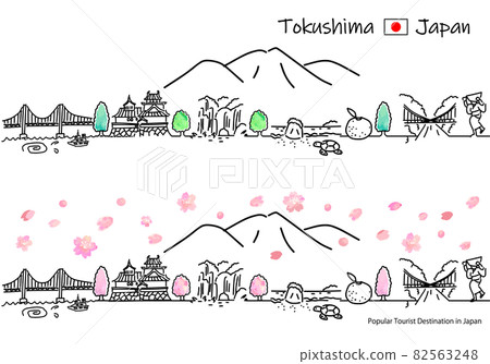 Spring Tokushima Prefecture tourist destination cityscape simple line drawing set 82563248