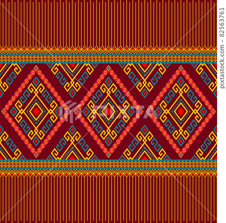 Yellow Green Symmetry Geometric Ethnic or Native Seamless Pattern on Red Background Yellow Green Symmetry Geometric Ethnic or Native Seamless Pattern on Red Background 82563761