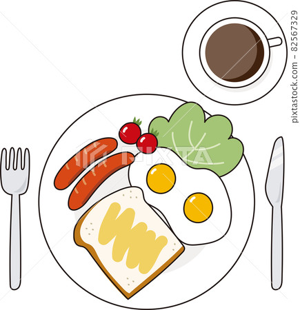 從上面看西式早餐套餐:吐司、煎蛋、香腸和熱咖啡 從上面看西式早餐套餐:吐司、煎蛋、香腸和熱咖啡 82567329