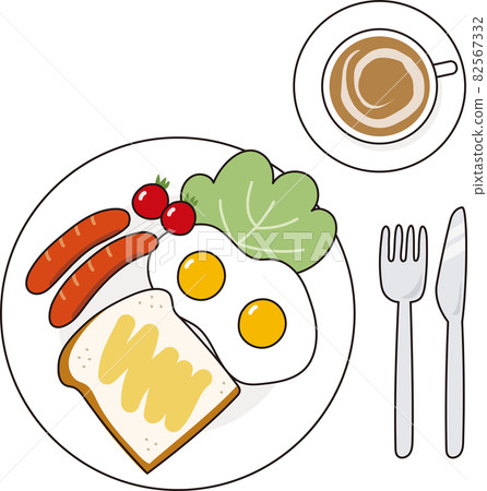 A view of a Western breakfast set from above: toast, fried egg, wiener and cafe au lait 82567332