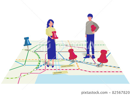 年輕男女在地圖上選擇房地產位置的插圖 年輕男女在地圖上選擇房地產位置的插圖 82567820