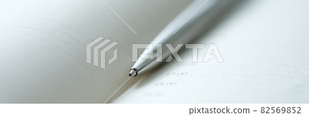 Ballpoint metal pen lying on open diary closeup Ballpoint metal pen lying on open diary closeup 82569852