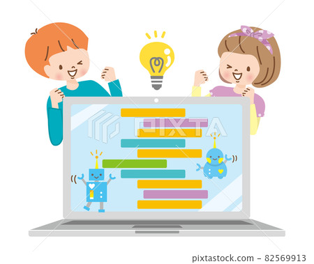 Children and robots learning programming on a computer 82569913