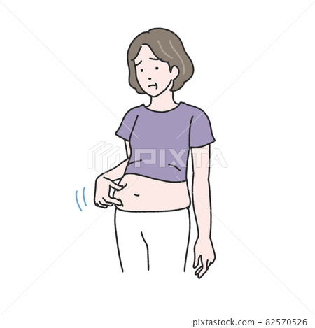 Illustration of a middle-aged woman pinching her stomach Illustration of a middle-aged woman pinching her stomach 82570526