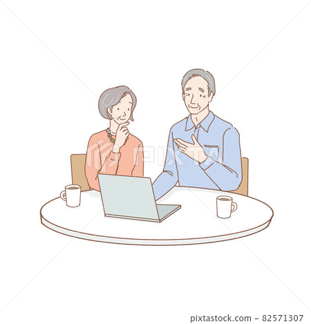 Illustration of a senior couple talking while looking at a computer 82571307