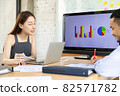 Businesspeople smiling coworking and showing growth graphic and taking a business.Asian business people group present and review financial marketing strategy business plan in meeting room together. 82571782