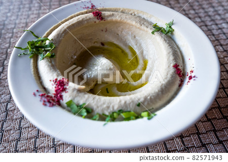 Hummus, Humus starter, traditional jordanian restaurant in Petra, Jordan. 82571943