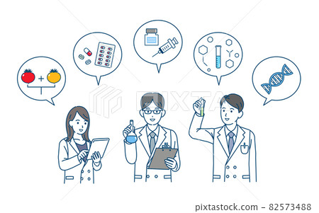 科學家研究員實驗室外套的男性和女性基因治療生物技術插圖材料 科學家研究員實驗室外套的男性和女性基因治療生物技術插圖材料 82573488