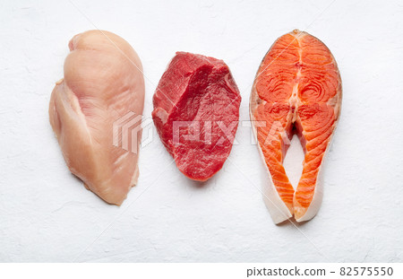 Healthy keto eating. Chicken, salmon, beef on white background 82575550
