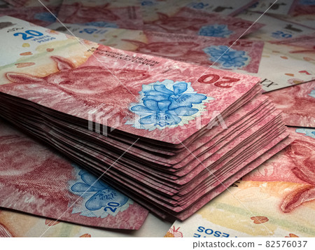 Argentine money. Argentine peso banknotes. 20 ARS pesos bills. 82576037