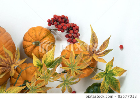 Autumn leaves, small decorative pumpkins with red berries on white table. Autumn leaves, small decorative pumpkins with red berries on white table. 82577018