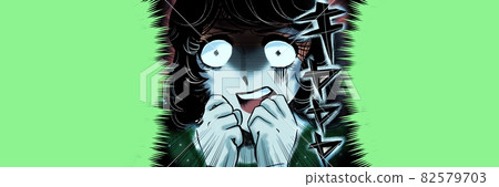 70年代少女漫畫因恐懼而變成白眼的黑髮女性的臉 82579703
