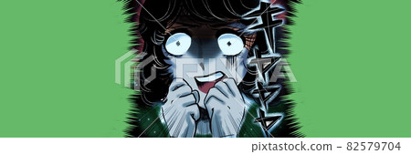 70年代少女漫畫因恐懼而變成白眼的黑髮女性的臉 82579704