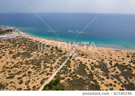 Aerial drone view over Issos beach, island of Corfu, Greece. 82580246