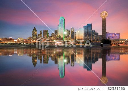 Dallas skyline reflected in Trinity river at sunset 82581260