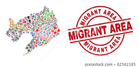 Migrant Area Scratched Seal Stamp and Liaoning Province Map Mosaic of Different Icons 82582185