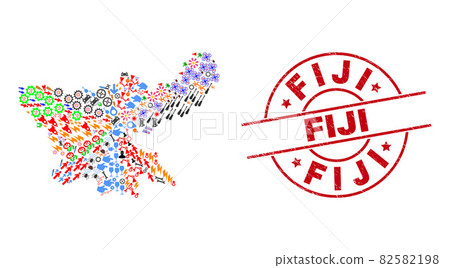Fiji Scratched Seal Stamp and Jharkhand State Map Mosaic of Different Symbols 82582198