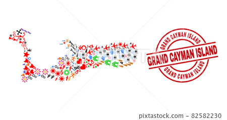 Grand Cayman Island Textured Stamp Seal and Grand Cayman Island Map Collage of Different Pictograms 82582230