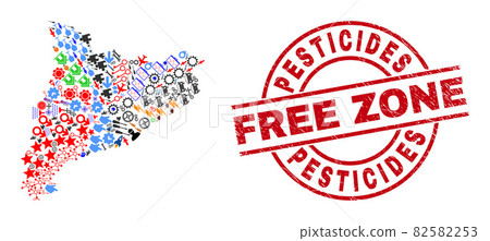 Pesticides Free Zone Grunge Seal and Catalonia Map Collage of Different Icons 82582253