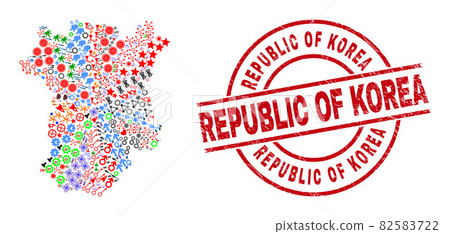 Republic of Korea Textured Seal and Chechen Republic Map Collage of Different Items 82583722