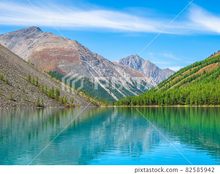 Colorful landscape with clear mountain lake in forest among fir trees in sunshine. Bright scenery with beautiful turquoise lake against the background of snow-capped mountains. 82585942