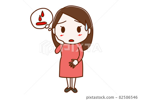 <Whole body / front> A woman who is worried because she does not know whether it is abnormal bleeding or menstruation. 82586546