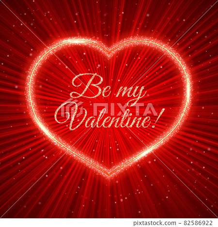 Be my Valentine Red Valentine s day greeting card with sparkling heart on shiny rays background. Romantic vector illustration. Easy to edit design template. 82586922