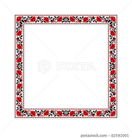 Vector illustration of square frame template with Ukrainian national ornament. Traditional black and red Ukrainian embroidery on white background 82591001