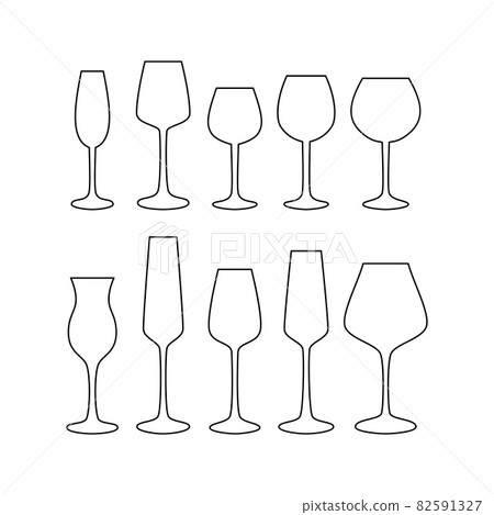 Vector set of wine glasses in different shapes. Line art glasses collection 82591327
