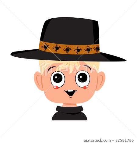 Boy with blond hair, big eyes and wide, happy smile in spider hat. The head of child with joyful face. Halloween party decoration 82591796