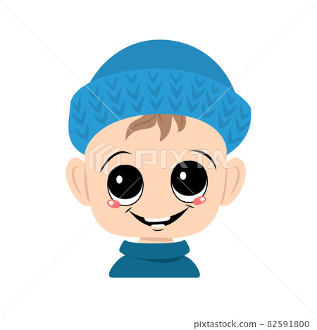 Avatar of a child with big eyes and a wide smile in a blue knitted hat. A cute kid with a joyful face in an autumnal or winter headdress. Head of adorable toddler with happy emotions Avatar of a child with big eyes and a wide smile in a blue knitted hat. A cute kid with a joyful face in an autumnal or winter headdress. Head of adorable toddler with happy emotions 82591800
