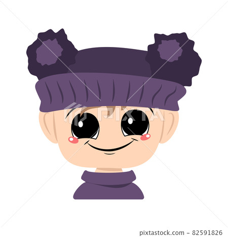 Avatar of a child with big eyes and a wide happy smile in a violet hat with a pom pom. Head of a toddler with a joyful face Avatar of a child with big eyes and a wide happy smile in a violet hat with a pom pom. Head of a toddler with a joyful face 82591826
