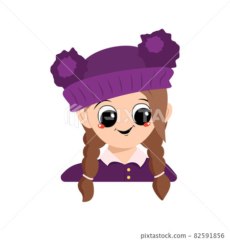 Avatar of a girl with big eyes and a wide happy smile in a purple hat with a pompom. Head of a child with a joyful face Avatar of a girl with big eyes and a wide happy smile in a purple hat with a pompom. Head of a child with a joyful face 82591856
