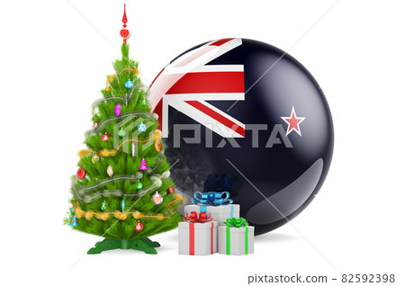 Christmas and New Year in New Zealand, concept. Christmas tree and gift boxes with New Zealand flag, 3D rendering Christmas and New Year in New Zealand, concept. Christmas tree and gift boxes with New Zealand flag, 3D rendering 82592398