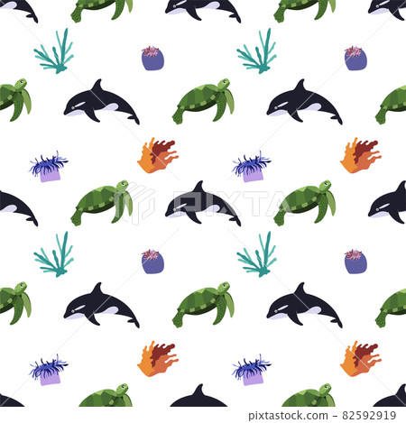 Sea animal seamless pattern with killer whale, turtle, corals and sea anemone. Undersea world habitants print. Hand drawn underwater life vector illustration. Funny cartoon marine animals Sea animal seamless pattern with killer whale, turtle, corals and sea anemone. Undersea world habitants print. Hand drawn underwater life vector illustration. Funny cartoon marine animals 82592919