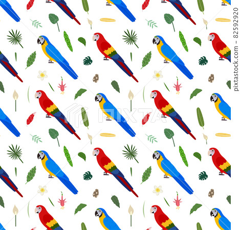 Seamless pattern with macaw parrots red and blue, tropical leaves and flowers. Cute baby print for fabric and textile. Seamless pattern with macaw parrots red and blue, tropical leaves and flowers. Cute baby print for fabric and textile. 82592920