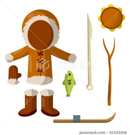 Set of eskimo and Aleutian objects. Warm clothing made of leather 82593806