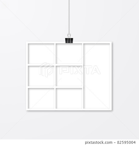 Photo collage vector template. Realistic white paper photo frame hanging with binder clips. Wedding album page layout. 82595004